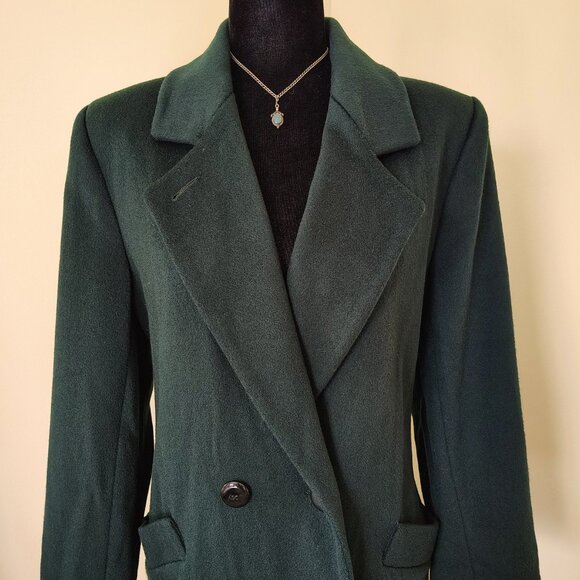 Vintage 90s Dark Forest Green KRISTEN BLAKE Wool Double Breasted Long Overcoat - Picture 3 of 6